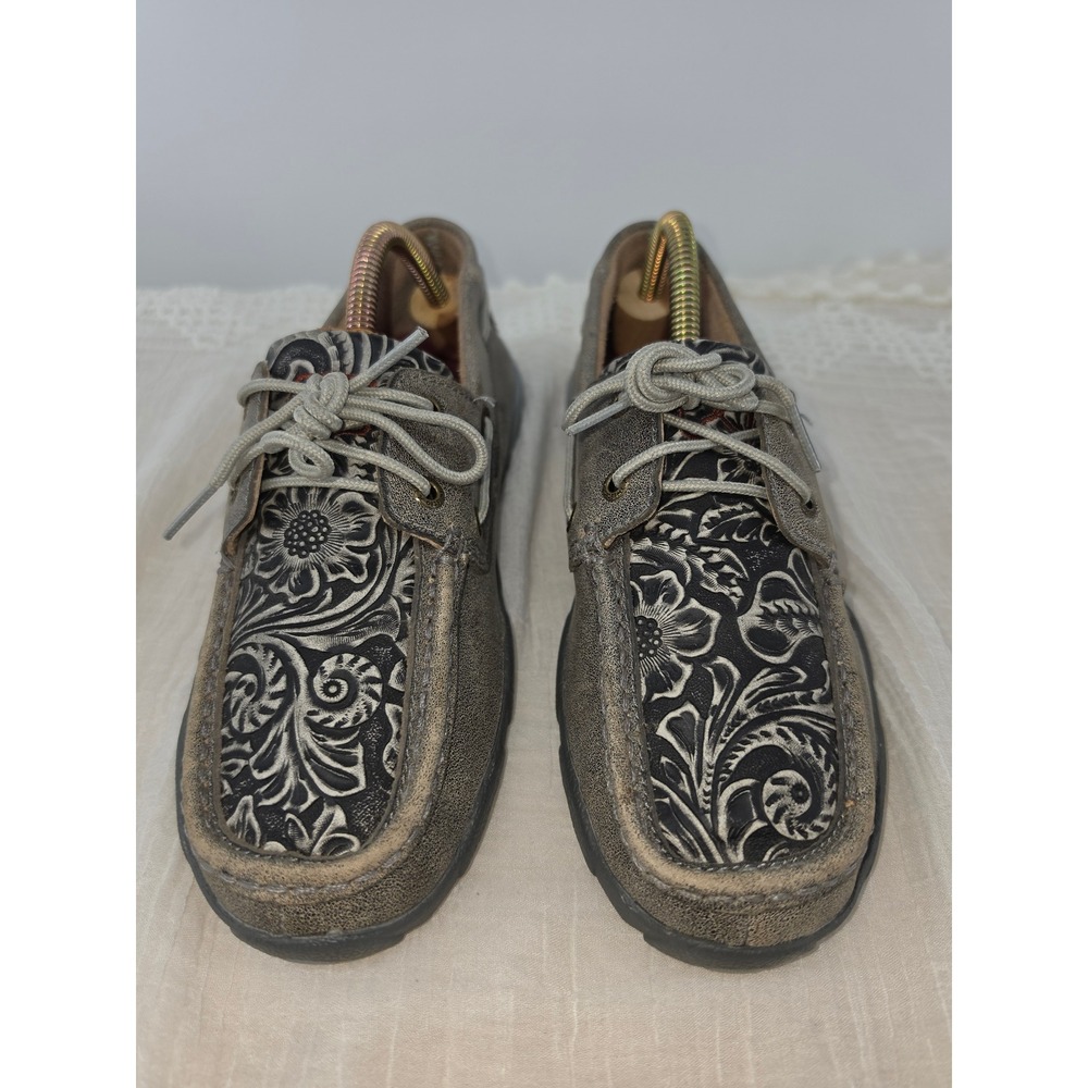 Twisted X Womens Driving Moc Tooled Floral Leather Boat Shoes Brown WDM0130 7M